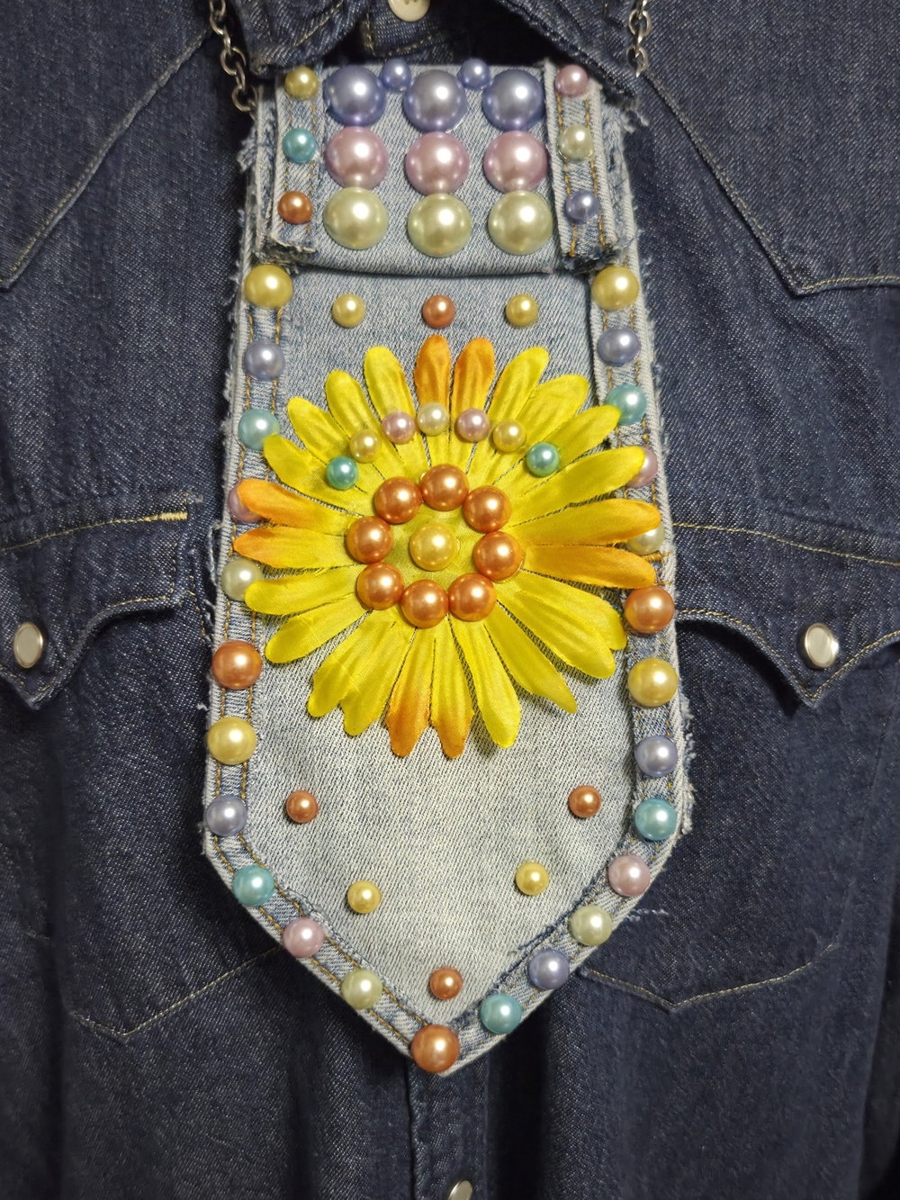 Handmade Yellow Floral Upcycled Denim Necktie- Multicolor Bead Accent